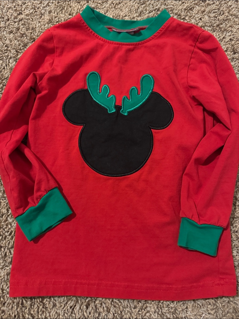 Kids Red Long-Sleeve Holiday Tee with Green Trim and Black Reindeer Patch